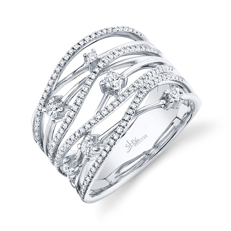 White Gold and Diamond 8 Row Crossover Ring