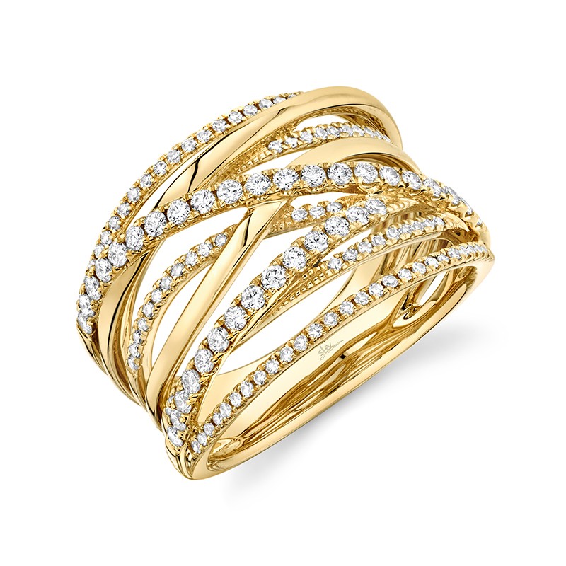 Yellow Gold and Diamond 9 Row Crossover Ring
