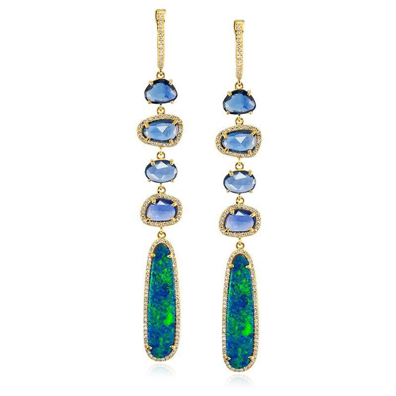 Yellow Gold Sapphire and Opal Drop Earrings