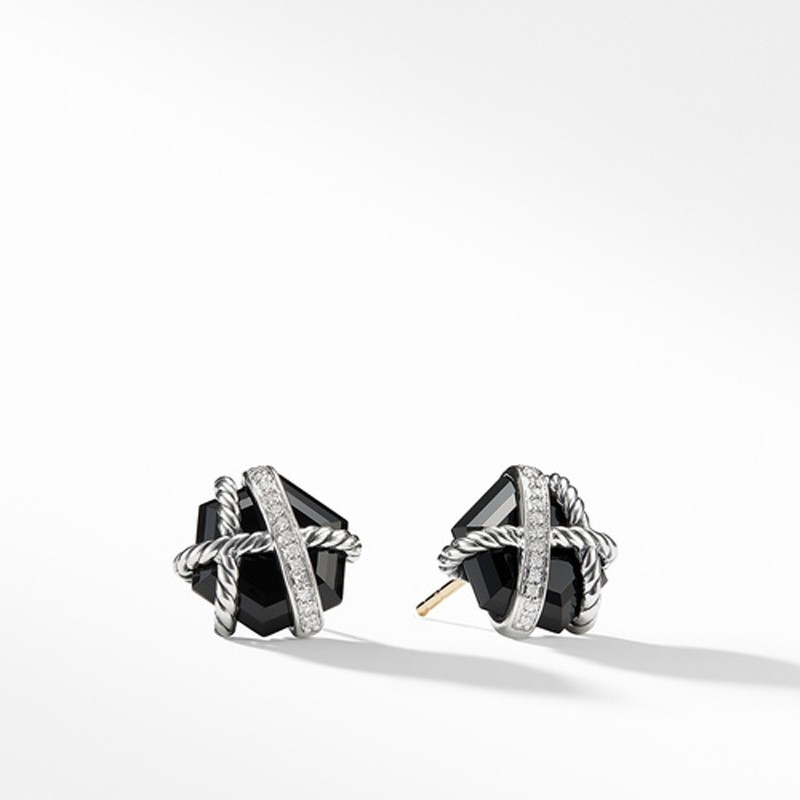 Cable Wrap Stud Earrings in Sterling Silver with Black Onyx and Pavé Diamonds