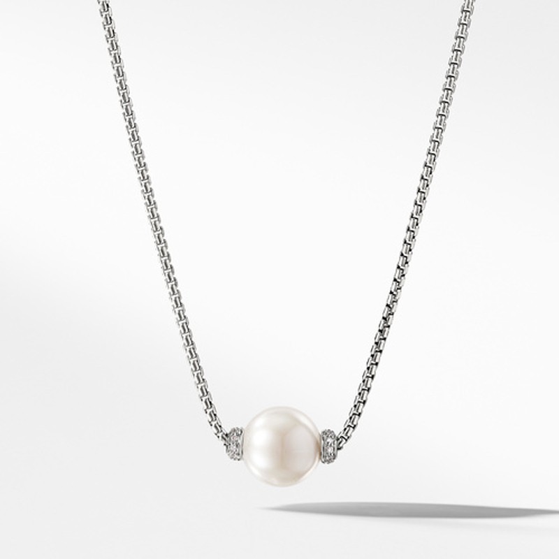 Solari Single Station Necklace in Sterling Silver with Diamonds and South Sea White Pearl