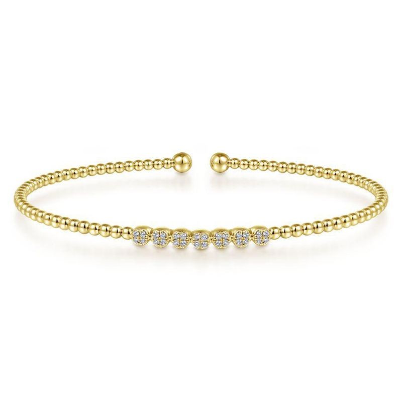 Yellow Gold Bujukan Bead Cuff Bracelet with Cluster Diamond Stations