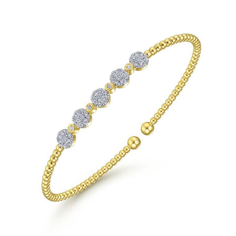 Yellow Gold Bujukan Cuff Bracelet with Pave Diamond Cluster Stations