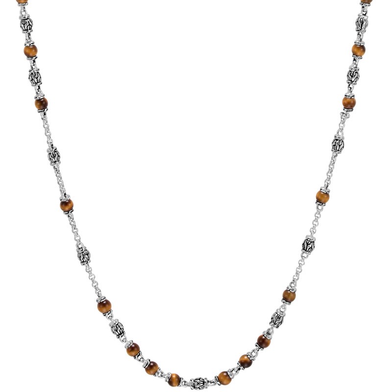 Sterling Silver Classic Chain Long Necklace with Tiger Eye 