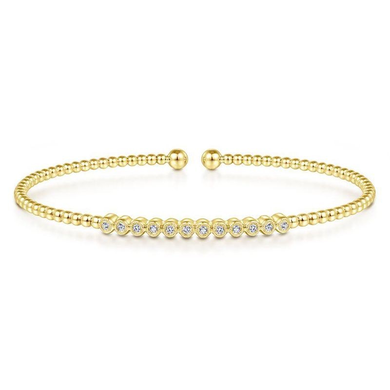 Yellow Gold Bujukan Bead Cuff Bracelet with Bezel Set Diamond Stations