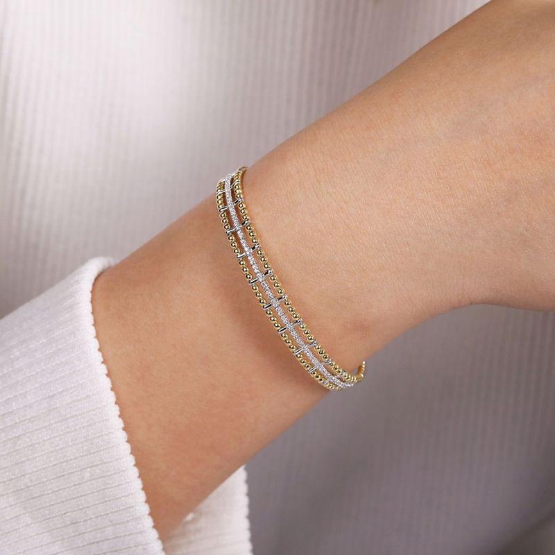 Yellow and White Gold Bujukan Bead Cuff Bracelet with Inner Diamond Channel