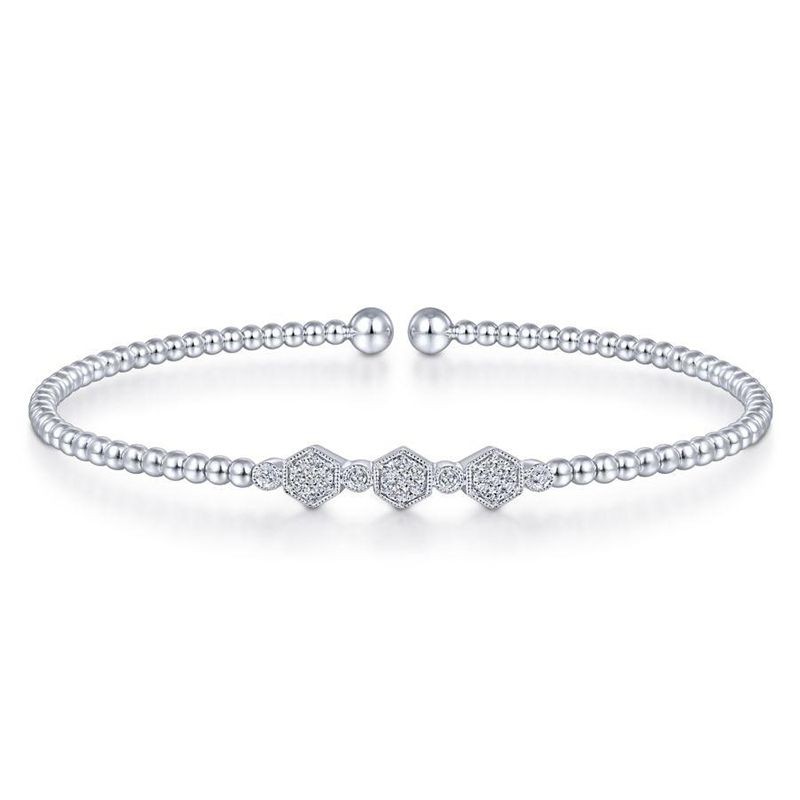 White Gold Bujukan Bead Cuff Bracelet with Cluster Diamond Hexagon Stations