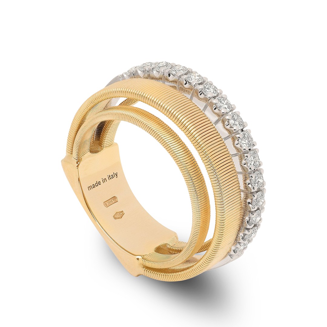 18k Two-Tone Gold 4-Strand Coil Ring With Diamond Pavé Band