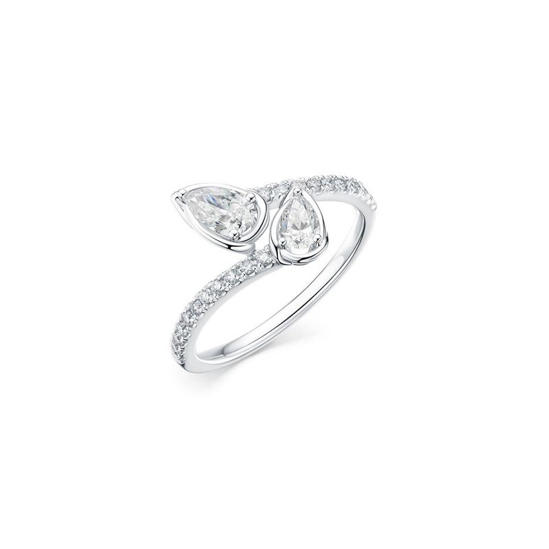 18K White Gold Two Pear Shaped Diamond Bypass Ring with Diamond Band