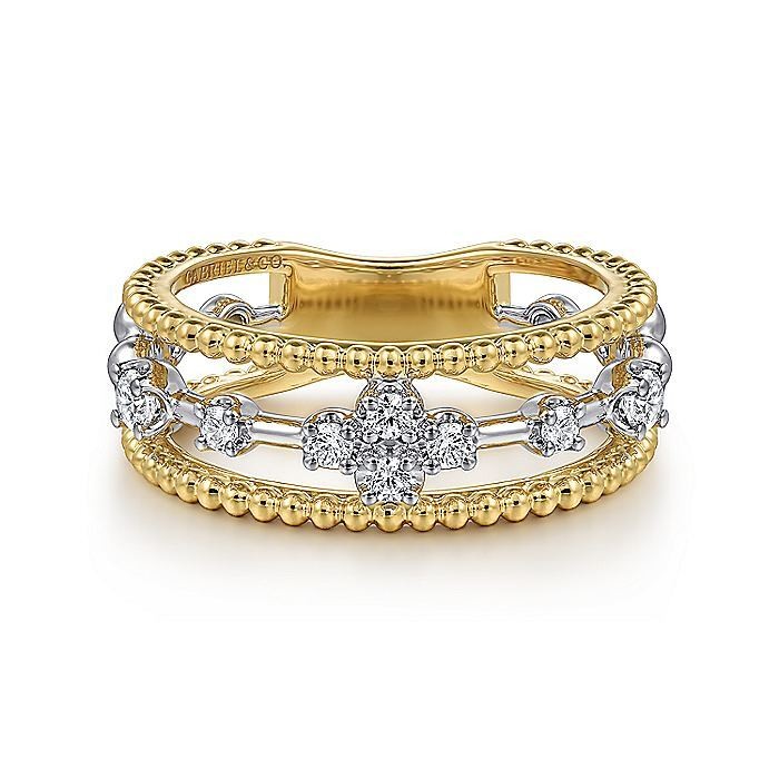 14K White and Yellow Gold Three Row Diamond Ring