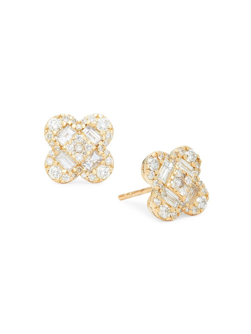 14k Yellow Gold Diamond Clover Flower Stud Earrings