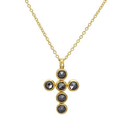 24k Yellow Gold Pointelle Rosecut Black Diamond Cross Necklace