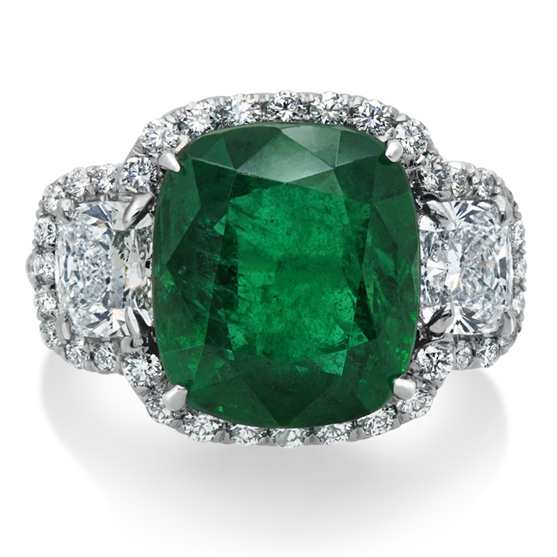 Platinum 3 Stone Emerald Cushion Cut Ring