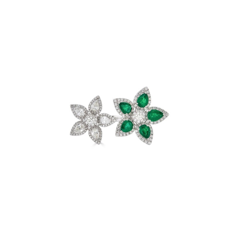 18K White Gold Diamond and Emerald Double Flower Ring
