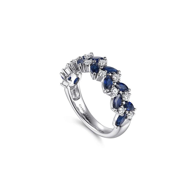 14K White Gold Prong Set Marquise Sapphire and Round Diamond Anniversary Band