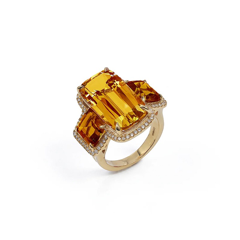 18K Yellow Gold Diamond & Citrine Three Stone Ring