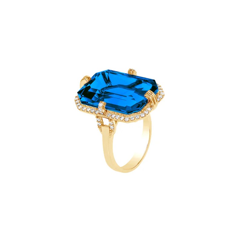 18K Yellow Gold Diamond & London Blue Topaz Ring
