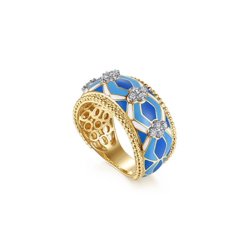 14K Two Tone Gold Diamond Wide Band with Blue and White Enamel