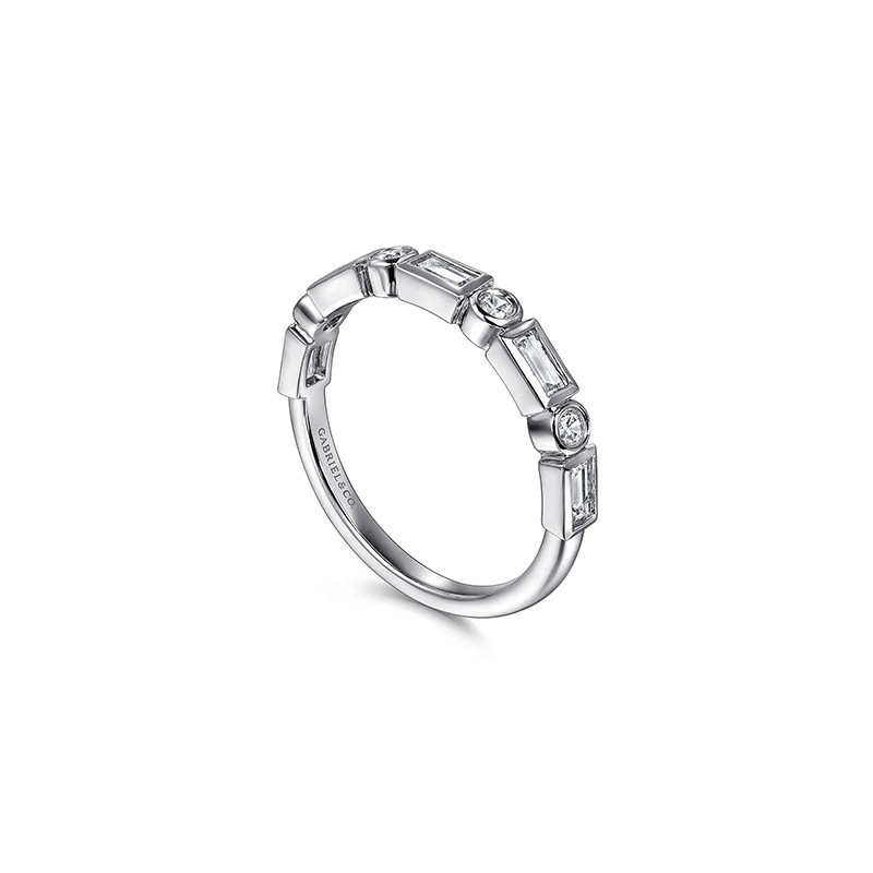 14K White Gold Bezel Set Baguette and Round Diamond Anniversary Band