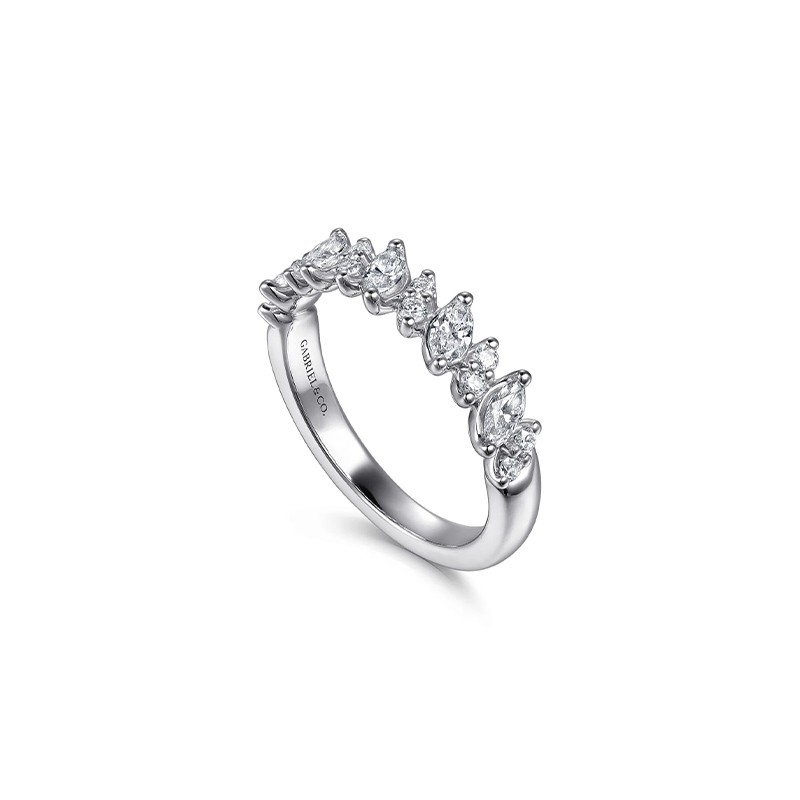 14K White Gold Prong Set Marquise and Round Diamond Anniversary Band
