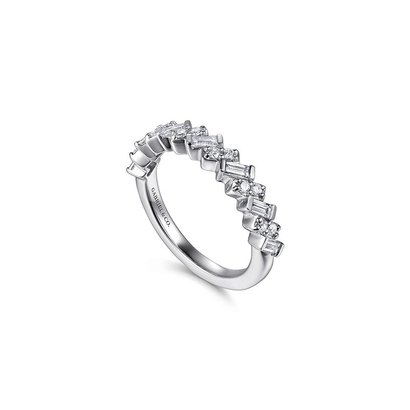 14K White Gold Beads Setting Baguette and Round Diamond Anniversary Band