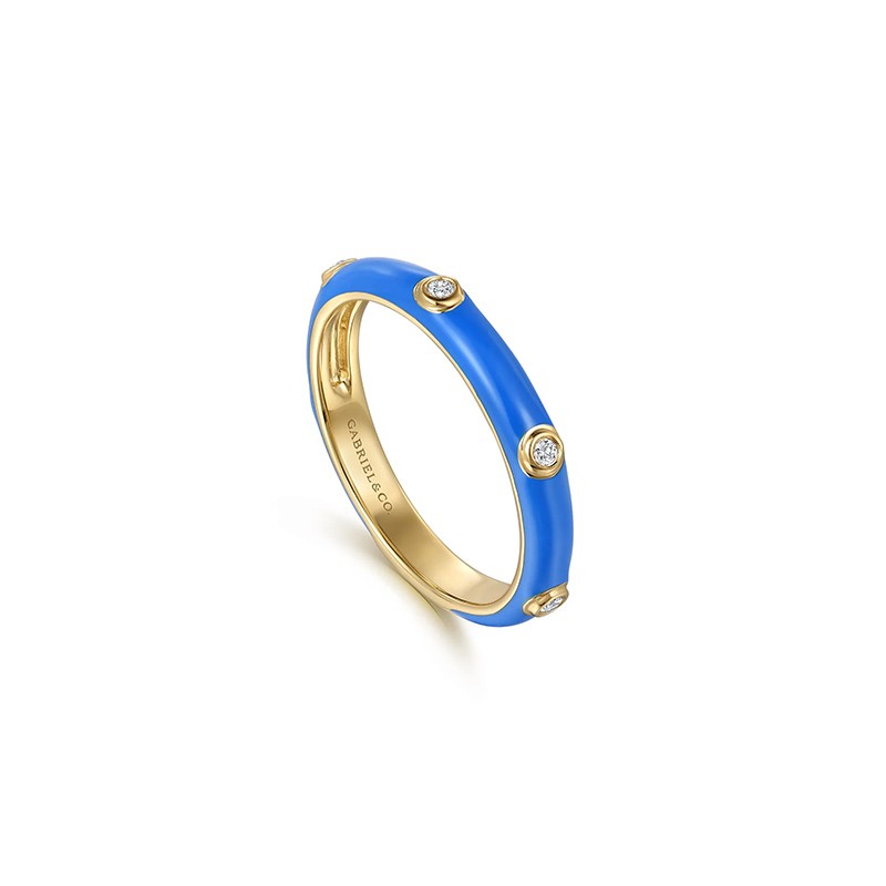 14K Yellow Gold Diamond Split Stackable with Blue Enamel