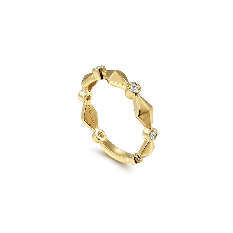 14K Yellow Gold Alternating Geometric and Diamond Station Ring