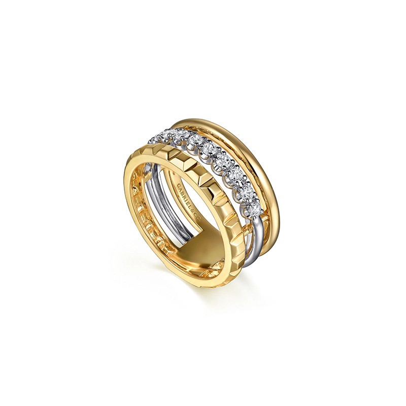 14K Two Tone Gold Diamond Wide Band Easy-Stack Ring
