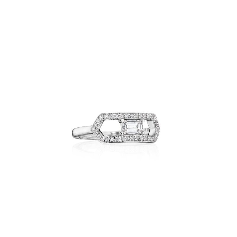 18k White Gold Deco Center Open Pave Diamond Frame Ring