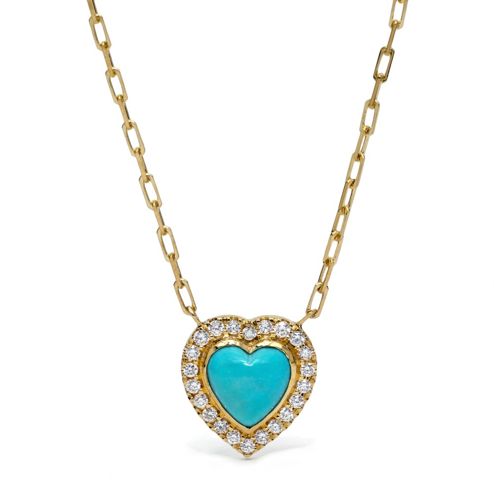 18k Yellow Gold Diamond and Turquoise Heart Necklace