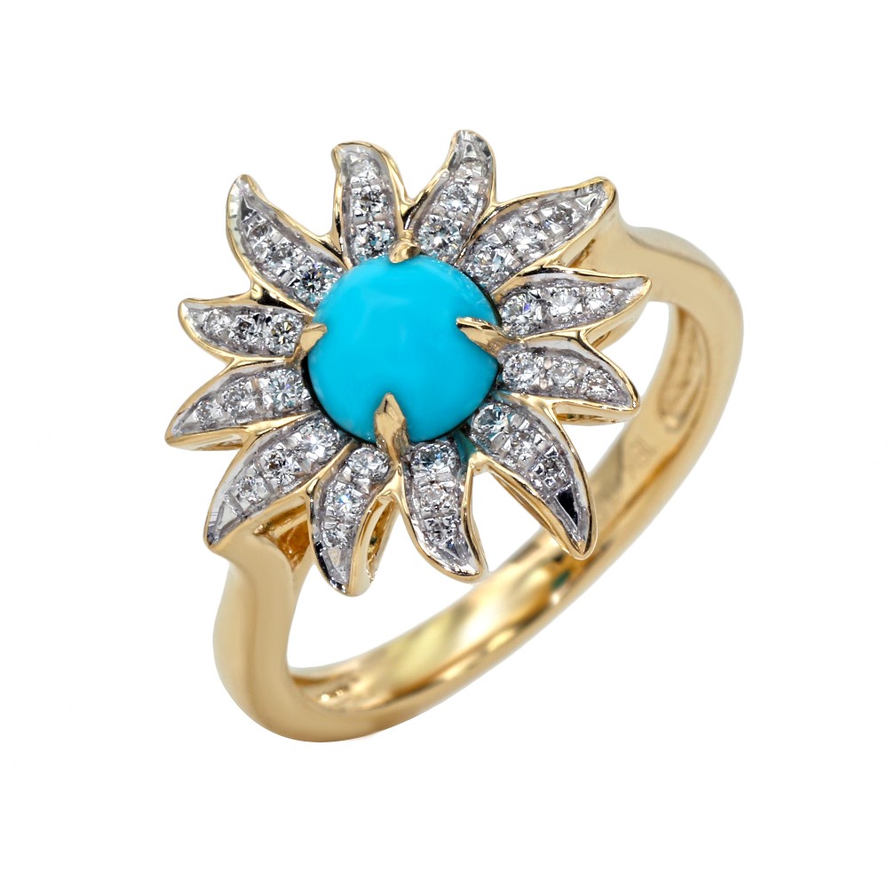 18k Yellow Gold Turquoise and Diamond Sun Ring