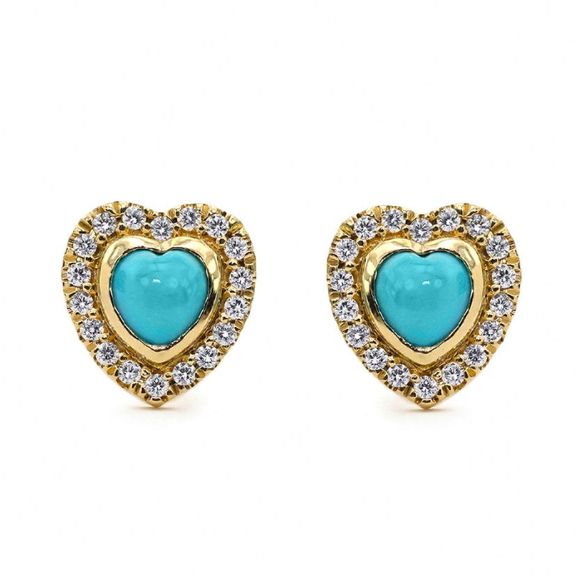 18k Yellow Gold Turquoise Diamond Heart Earrings