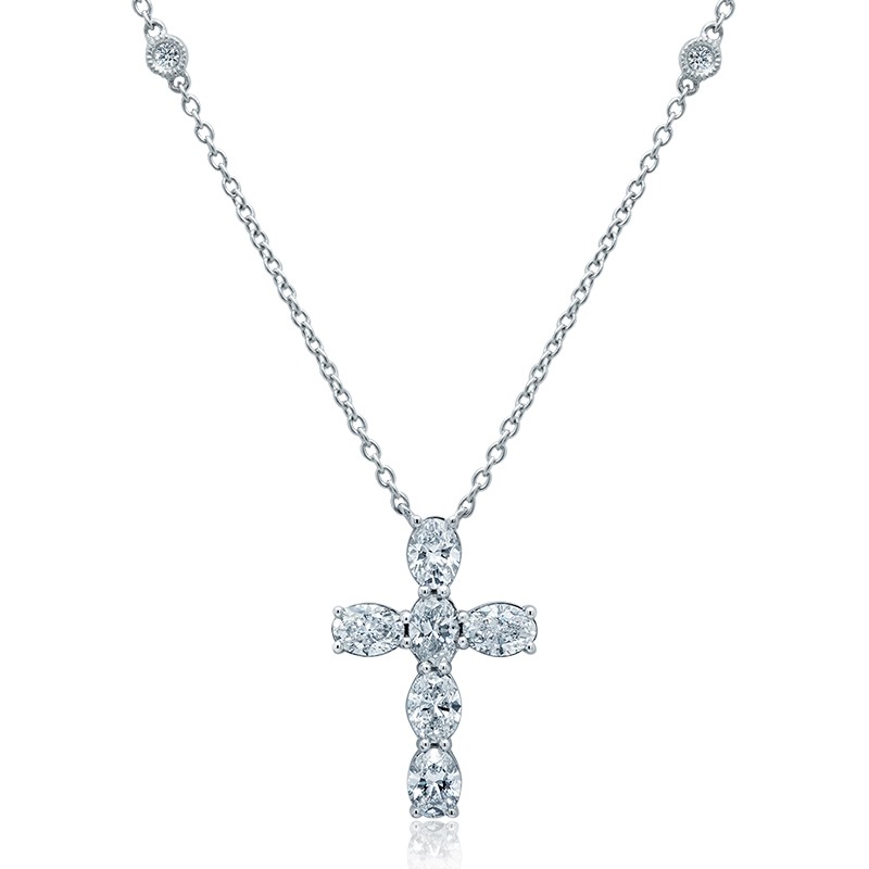 18k White Gold Oval Diamond Cross Necklace