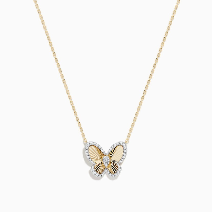 14k Yellow Gold Pave Diamond Butterfly Necklace
