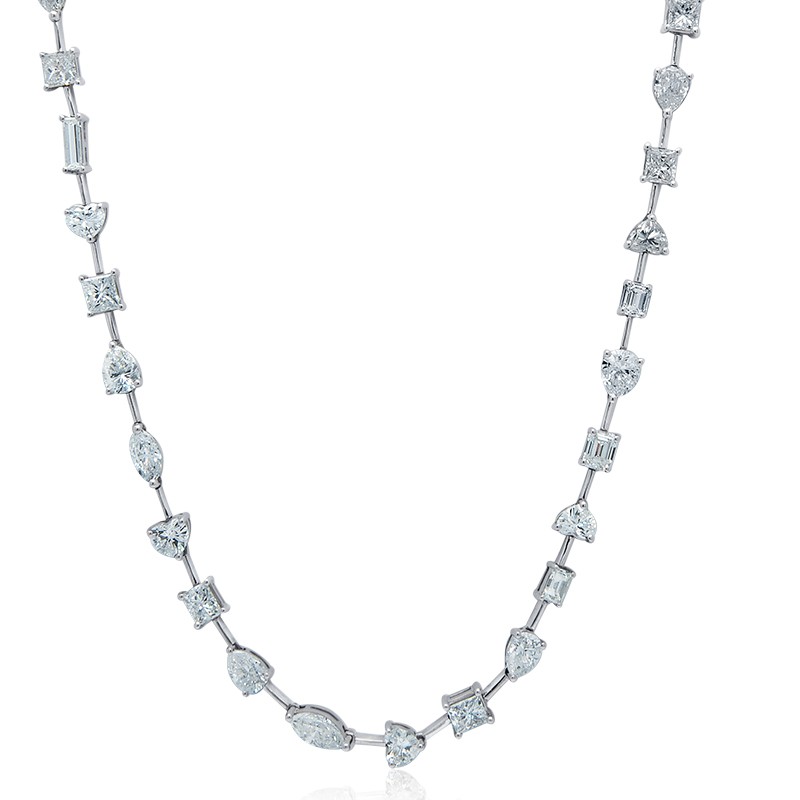 18k White Gold Alternating Multi Shape Diamond Necklace