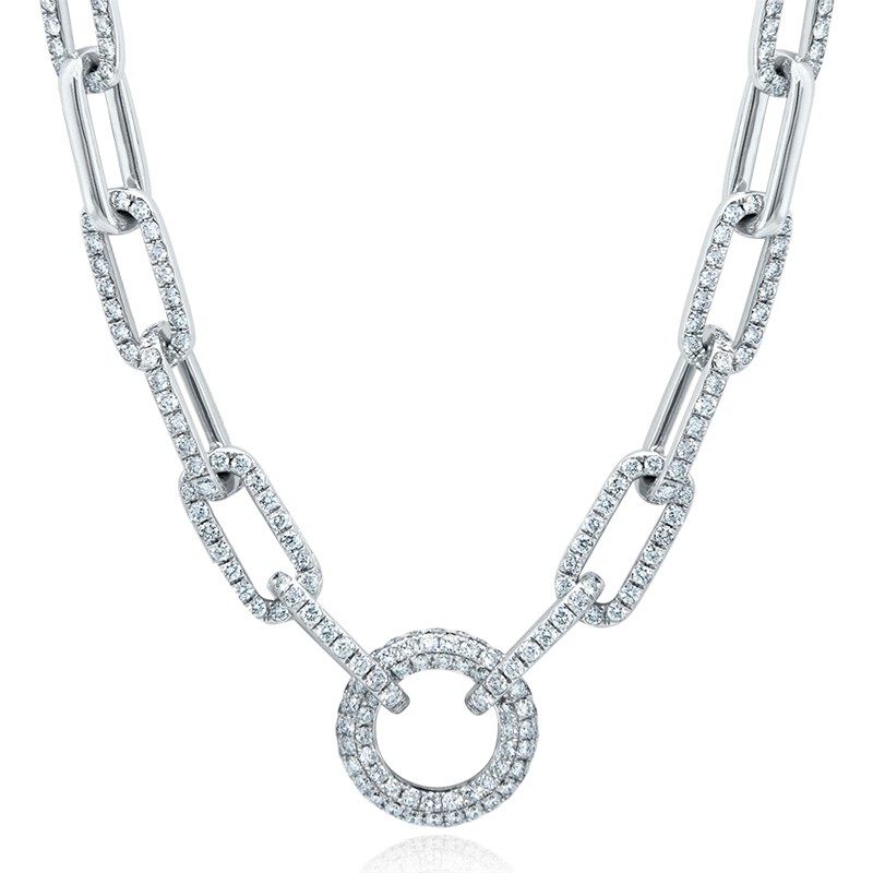 18k White Gold Pave Diamond Circle Link Necklace