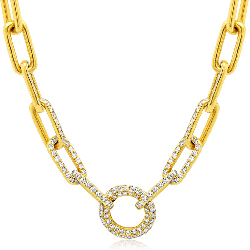 18k Yellow Gold Pave Diamond Circle Link Necklace