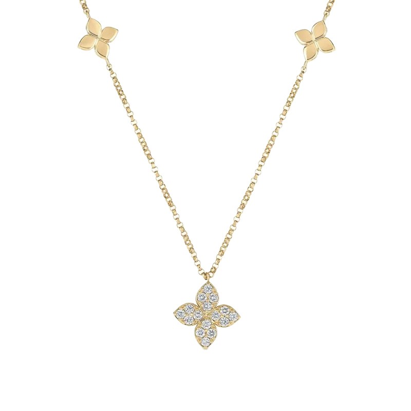 18K Yellow Gold Love By The Inch Diamond & Polished Flower Station Necklace