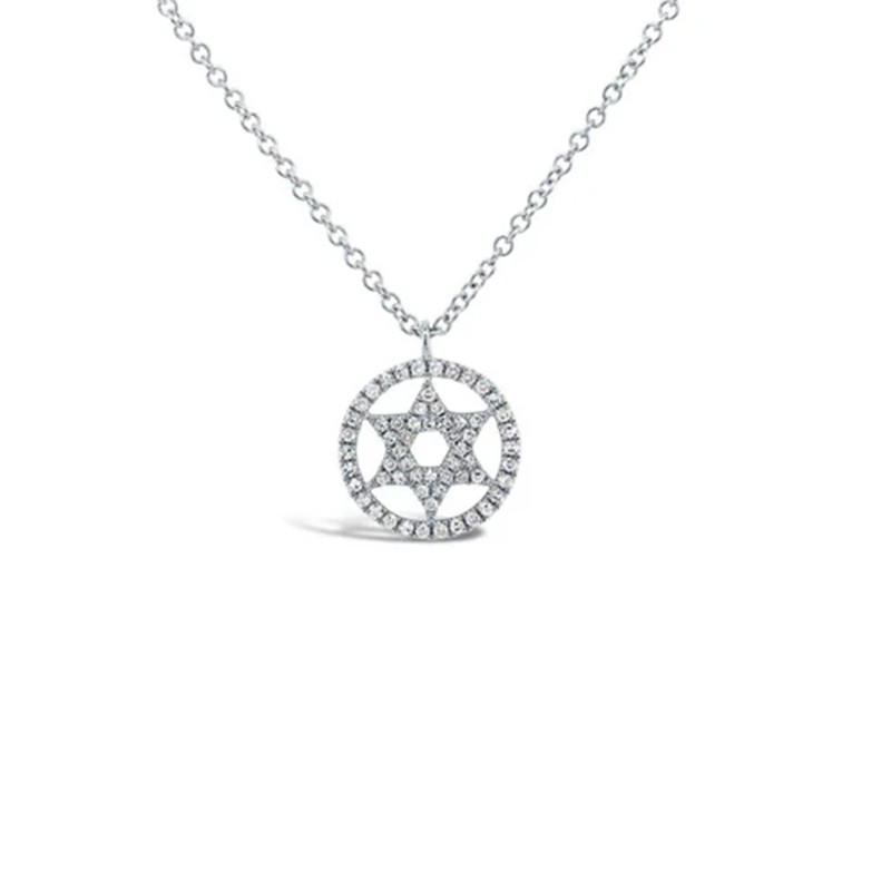 White Gold Diamond Circle Star of David Necklace
