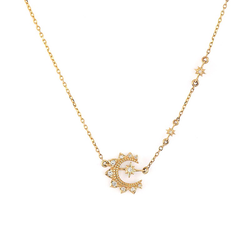 14K Yellow Gold Wish on a Star Crescent Moon and Star Necklace