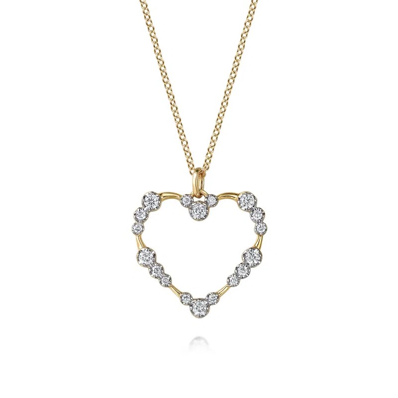 14K Yellow Gold Graduated Diamond Station Heart Pendant Necklace