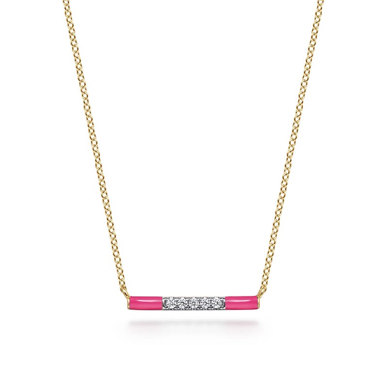 14K Yellow Gold Diamond Bar Necklace with Fuchsia Enamel