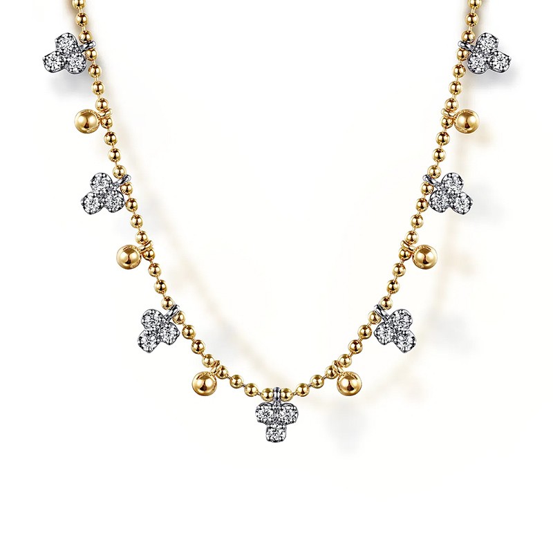 14K Two Tone Gold Beaded Diamond Droplet Necklace