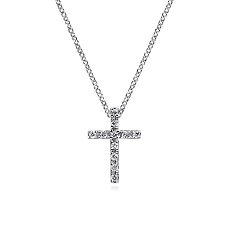 14K White Gold Diamond Pendant Necklace Cross
