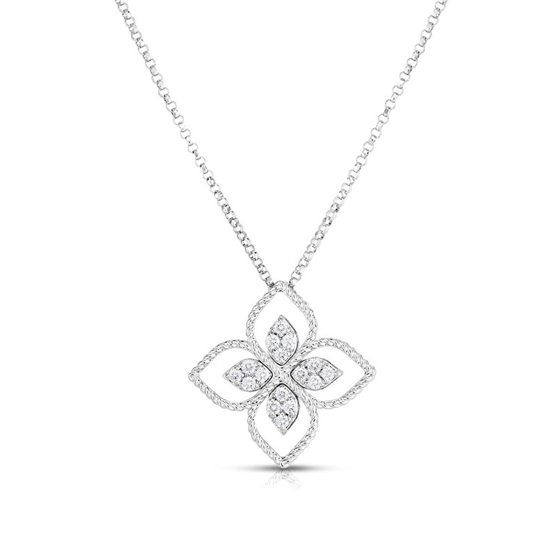 18K White Gold Flower Open Frame Diamond Necklace