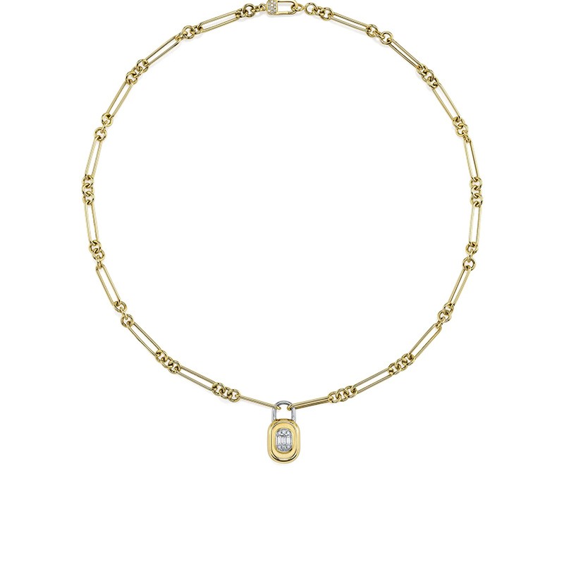 14K Yellow Gold DIAMOND BAGUETTE MATTE LOCK NECKLACE