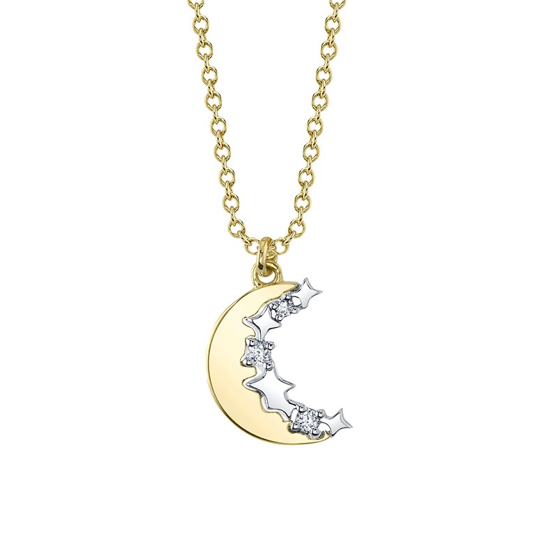 14K Two Tone DIAMOND CRESCENT MOON & STAR NECKLACE