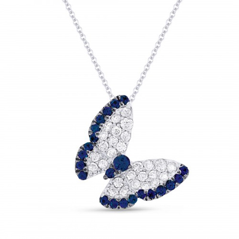 14k White Gold Diamond Sapphire Butterfly Necklace