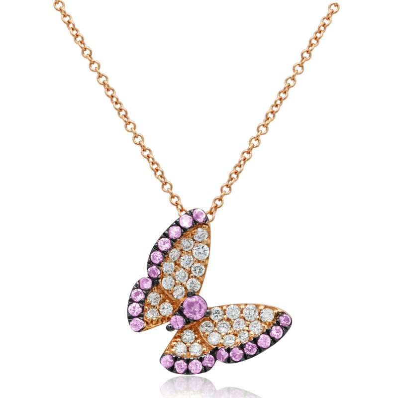 14k Rose Gold Diamond Pink Sapphire Butterfly Necklace