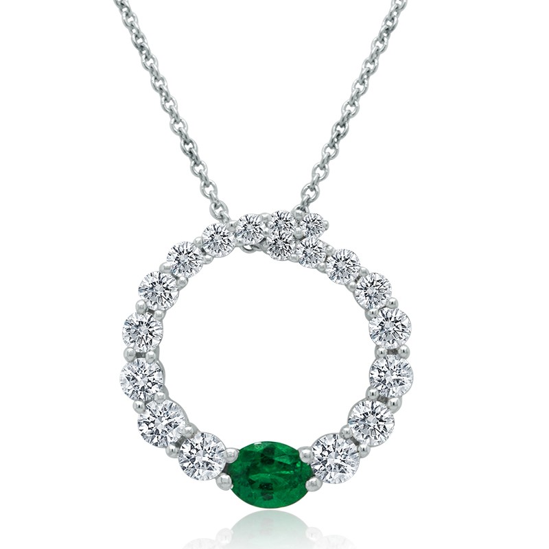 14k White Gold Diamond Emerald Open Circle Necklace